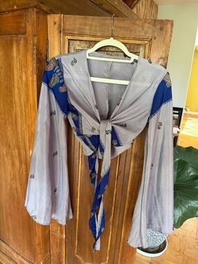 Light Gray Kimono Cardigan with Blue Paisley Trim